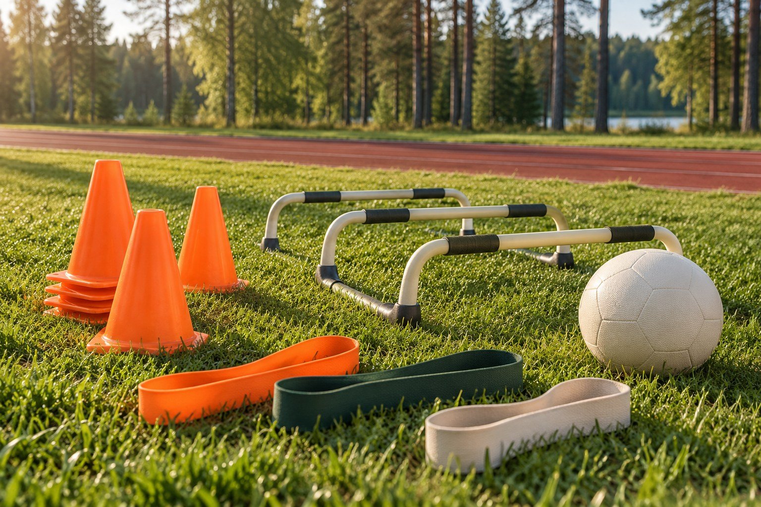 Spordiväljakul asuvad treeningkoonused, tõkked, kummilindid ja pall